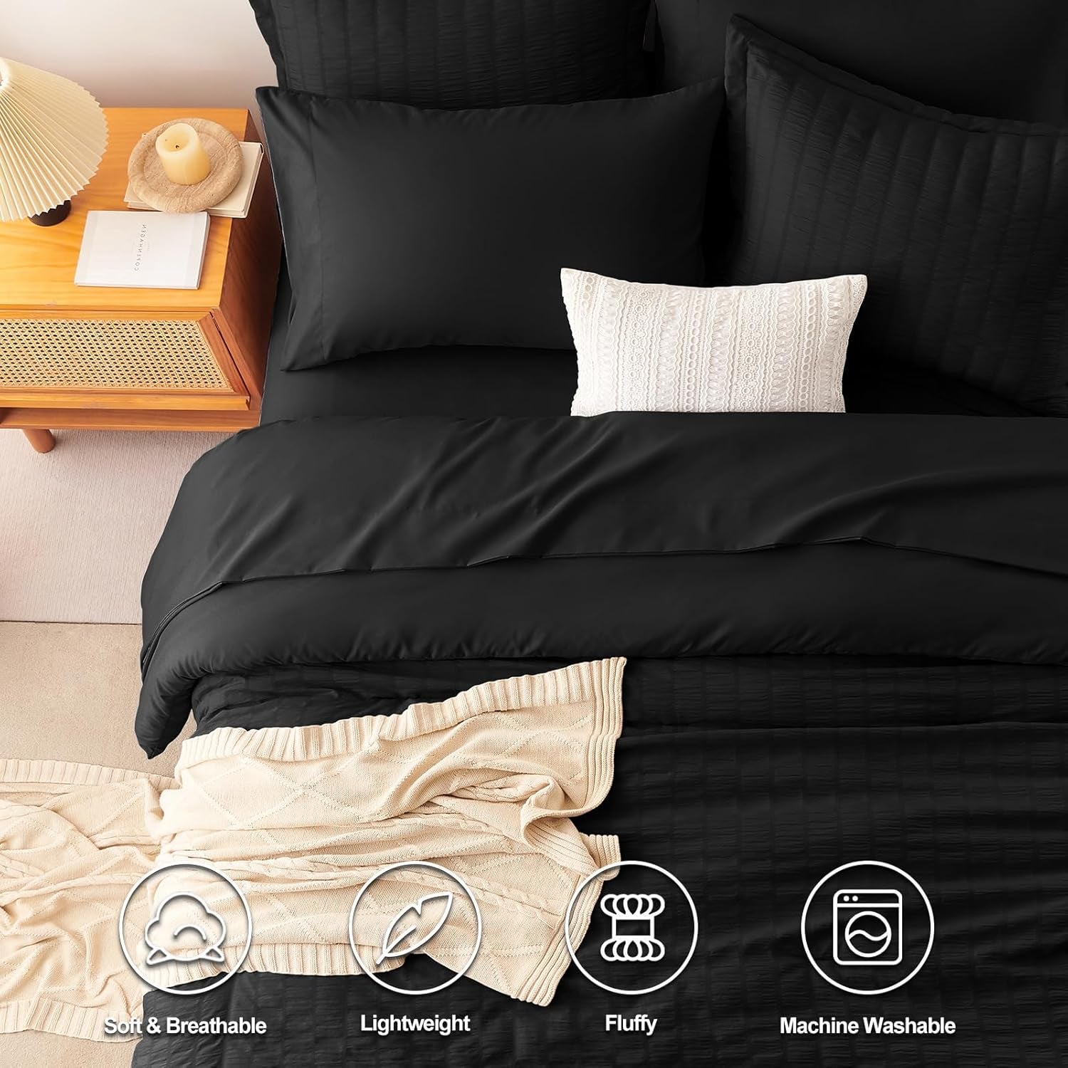 King Size Comforter Set Black Seersucker 7 Pieces Bed in a Bag King Comforter Set with Sheets, Luxury Soft Bedding Sets with down Alternative Comforter, Sheets, Pillowcases & Shams All Seasons