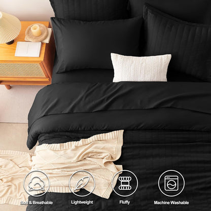 King Size Comforter Set Black Seersucker 7 Pieces Bed in a Bag King Comforter Set with Sheets, Luxury Soft Bedding Sets with down Alternative Comforter, Sheets, Pillowcases & Shams All Seasons