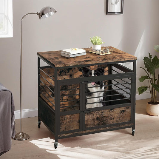 32" Dog Crate Furniture with Wheels, Farmhouse Decorative Wood Dog Cage End Table Chew-Resistant Wooden Dog Kennel Indoor for Small Dogs, Rustic Brown