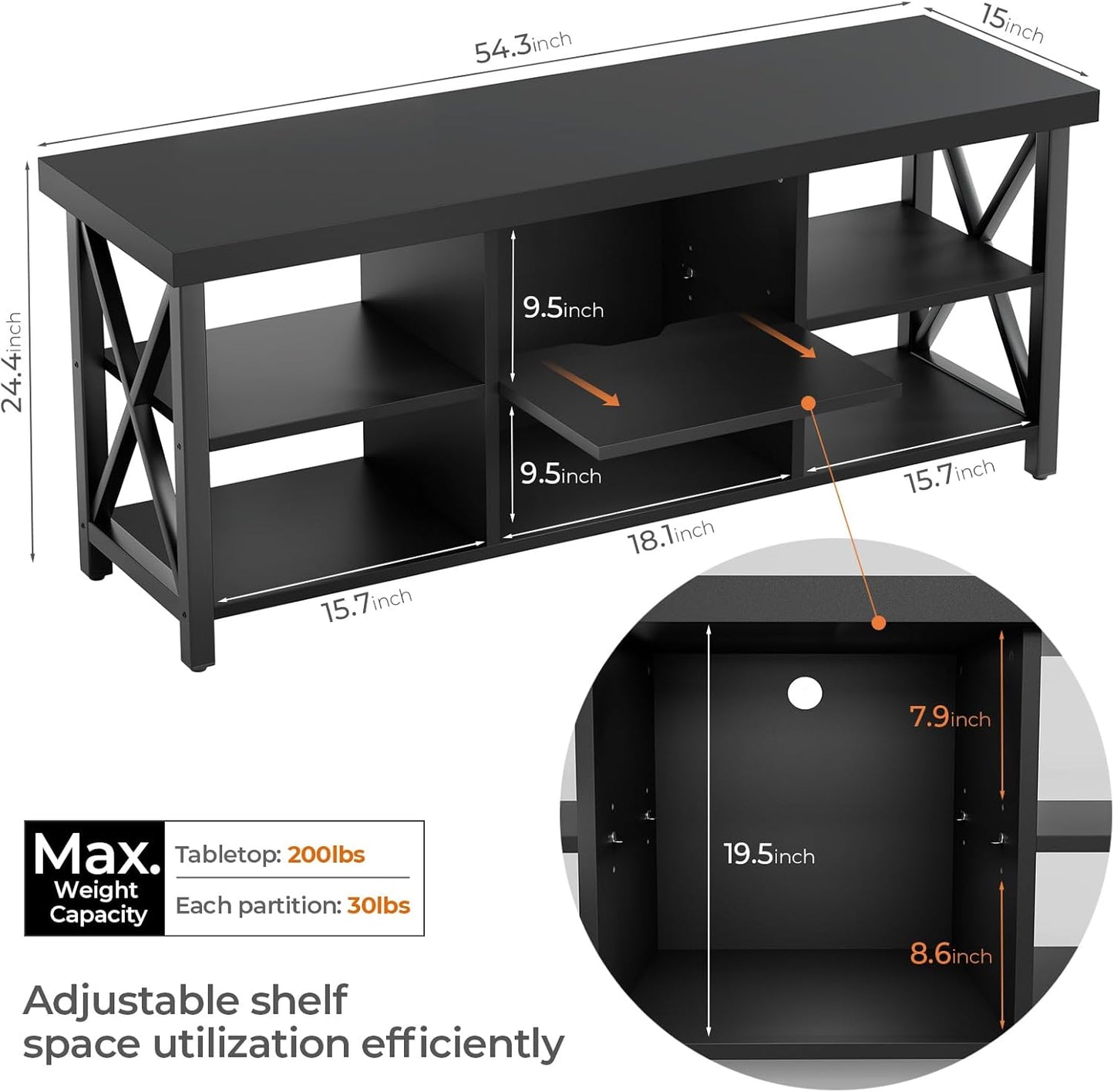 TV Stand for TV up to 65 Inches, Entertainment Center with 6 Storage Cabinet for Living Room, 55 Inch Farmhouse Television Stands Console Table, Industrial TV Stands for Living Room, Black