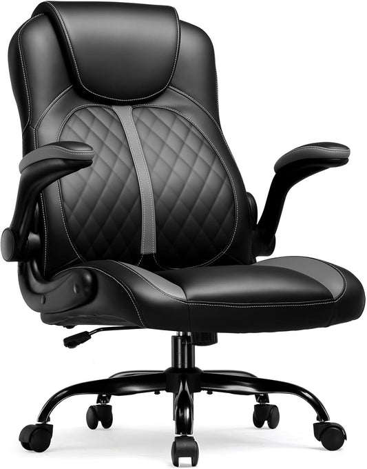 Office Computer Gaming Chair Ergonomic Desk Chair for Adults with Lumbar Support Flip-Up Arms Adjustable Height Swivel Wheels PU Leather Executive Design for Short People Use, Gray