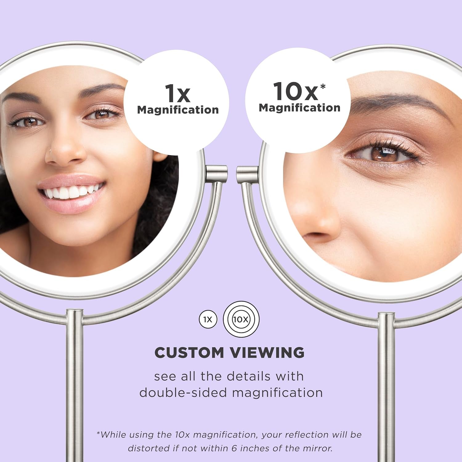 Lighted Makeup Mirror, Double-Sided LED Vanity Mirror with 1X/10X Magnification, 3 Light Settings, 3 Modes, 360° Rotation, Satin Nickel Finish