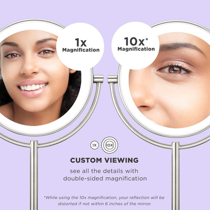 Lighted Makeup Mirror, Double-Sided LED Vanity Mirror with 1X/10X Magnification, 3 Light Settings, 3 Modes, 360° Rotation, Satin Nickel Finish