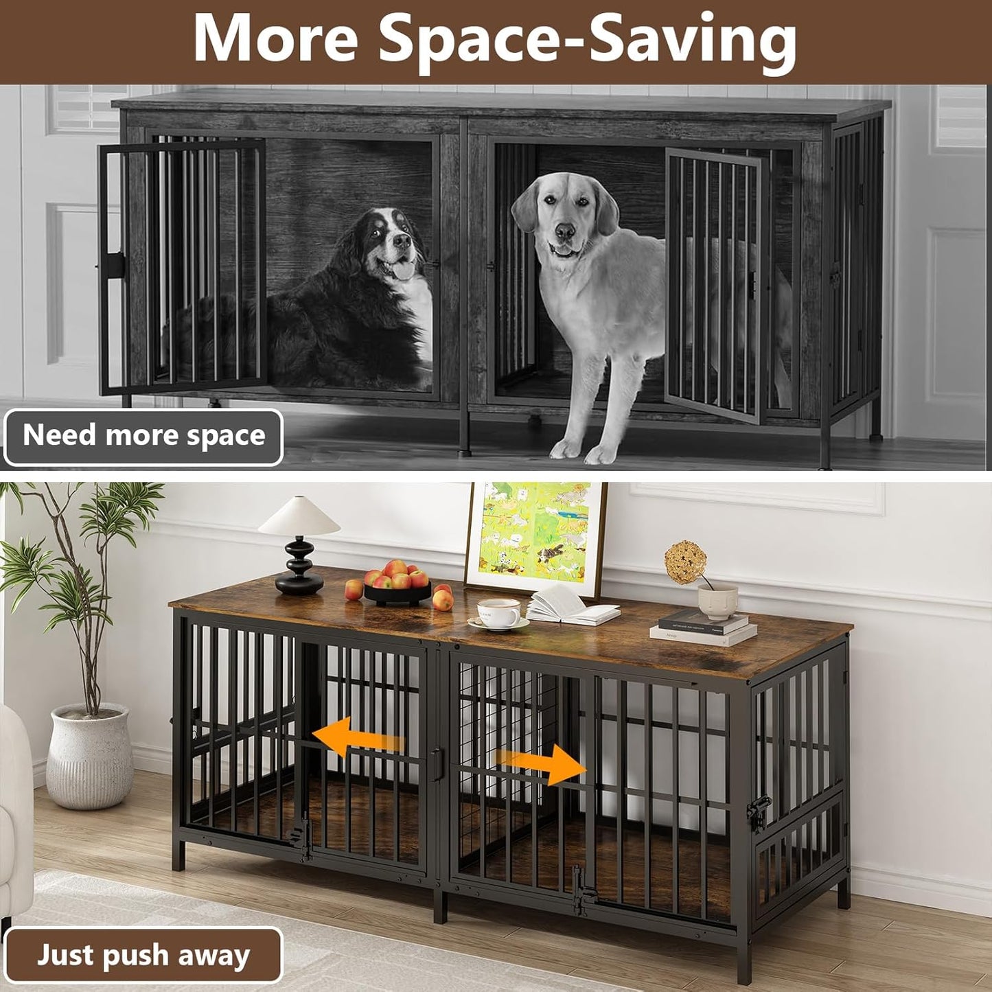 Double 80" Dog Crate Furniture, Extra Large Dog Crates for Large Dogs with 2 Dog Bowl, Wooden Pet Cage with Removable Divider, Sliding Door Dog Crate TV Stand, for 2 Pet, Space Saving