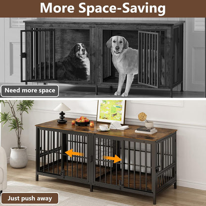 Double 80" Dog Crate Furniture, Extra Large Dog Crates for Large Dogs with 2 Dog Bowl, Wooden Pet Cage with Removable Divider, Sliding Door Dog Crate TV Stand, for 2 Pet, Space Saving