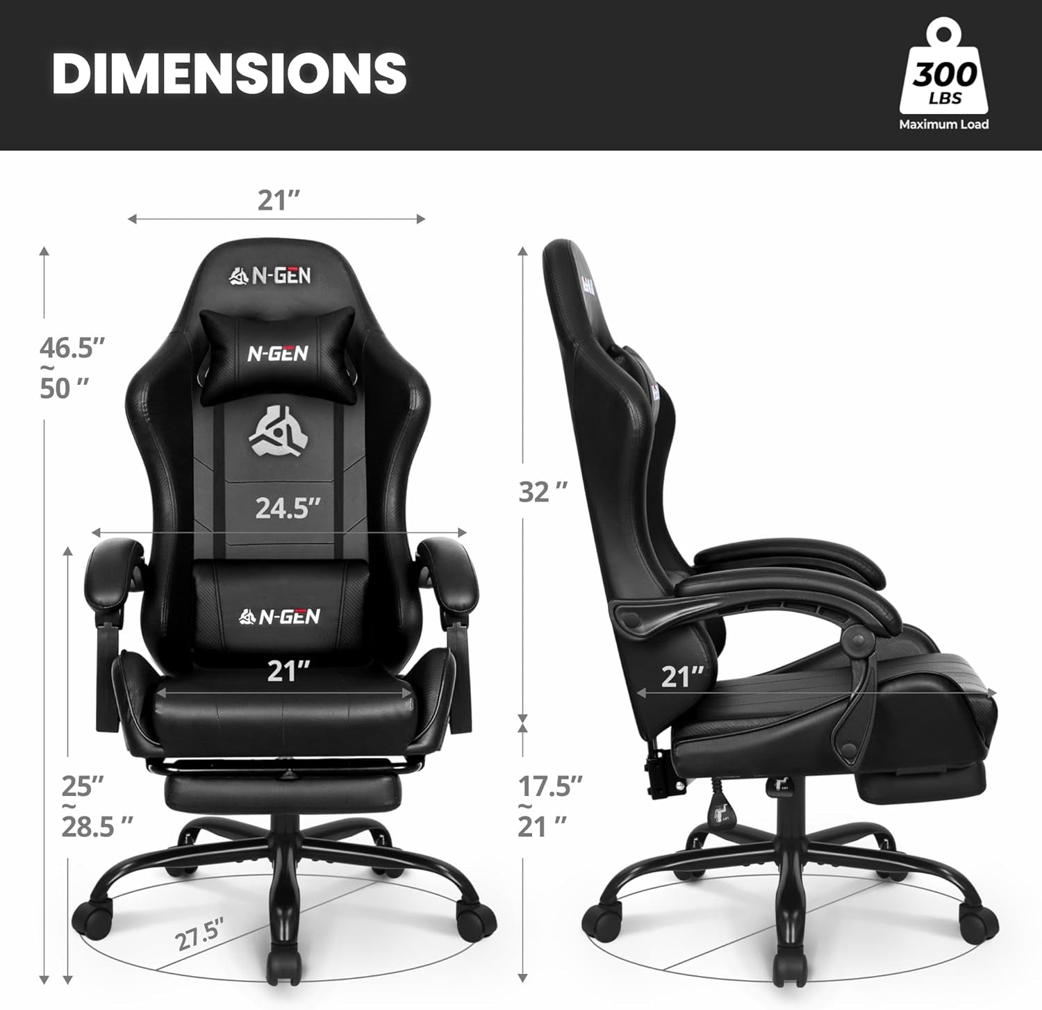 Video Gaming Chair with Footrest Lumbar Support for Home Office High Back Recliner Height Adjustable Ergonomic Comfy Leather Computer Desk Chair (Black)