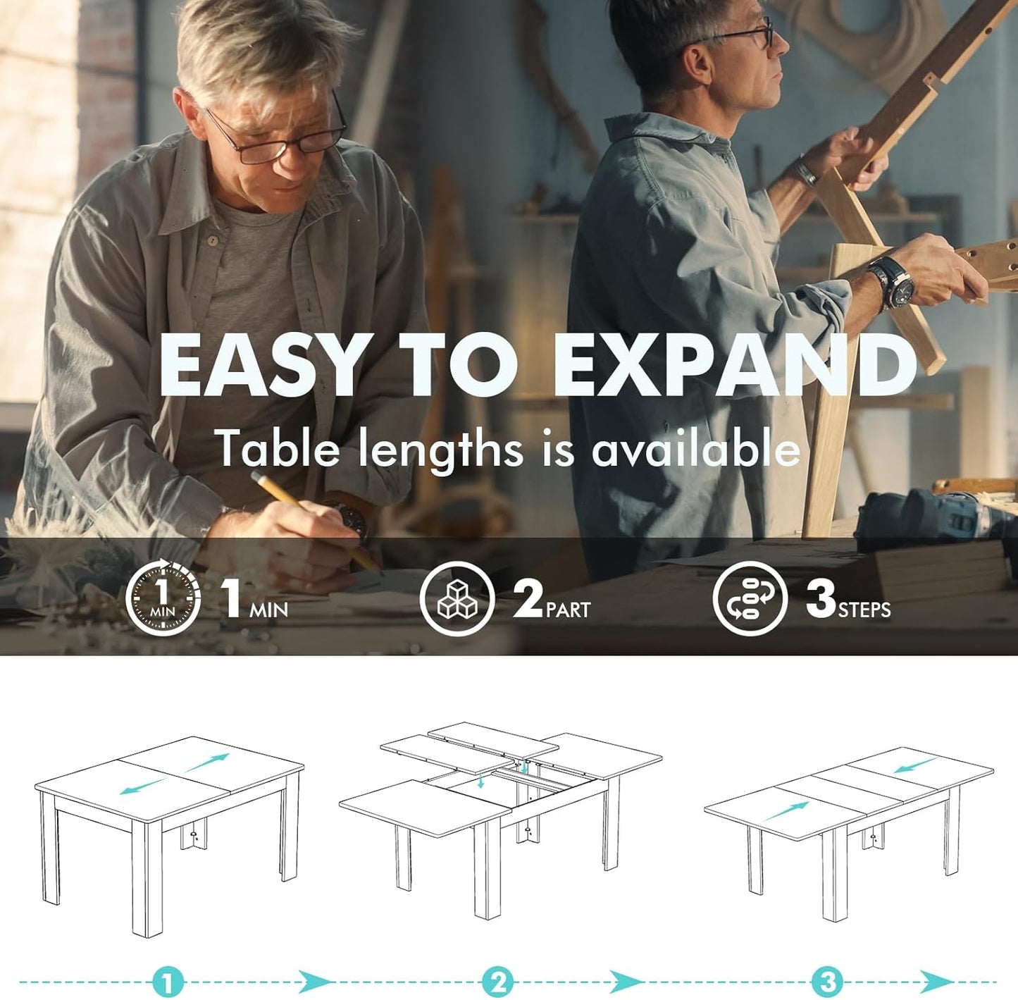 Extendable Dining Room Table for 6-10 Person - Plank and Beam Farmhouse Large Rectangular Kitchen Tables for Living Meeting Room (Onyx Black)