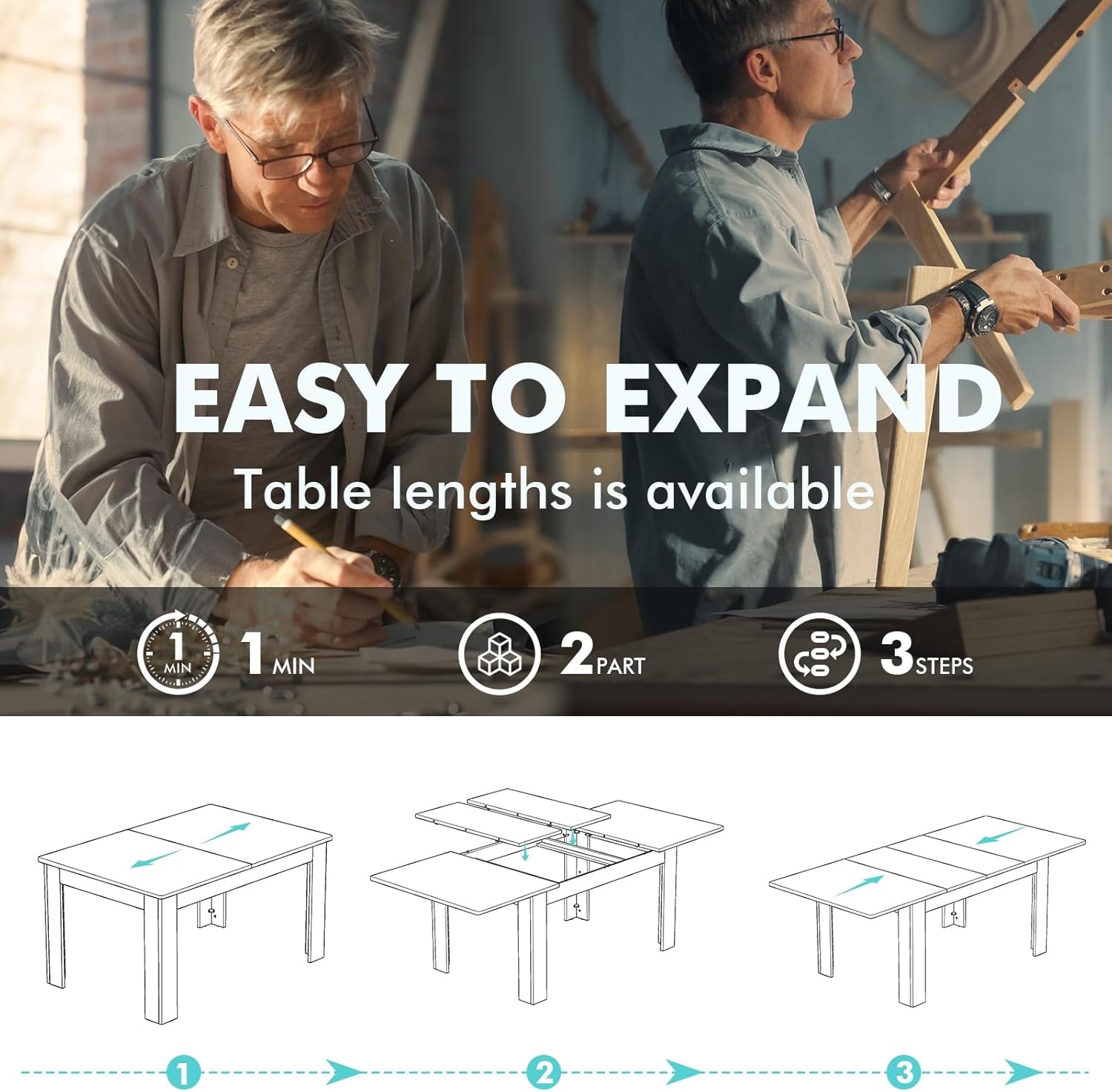 Extendable Dining Room Table for 6-10 Person - Plank and Beam Farmhouse Large Rectangular Kitchen Tables for Living Meeting Room (Onyx Black)