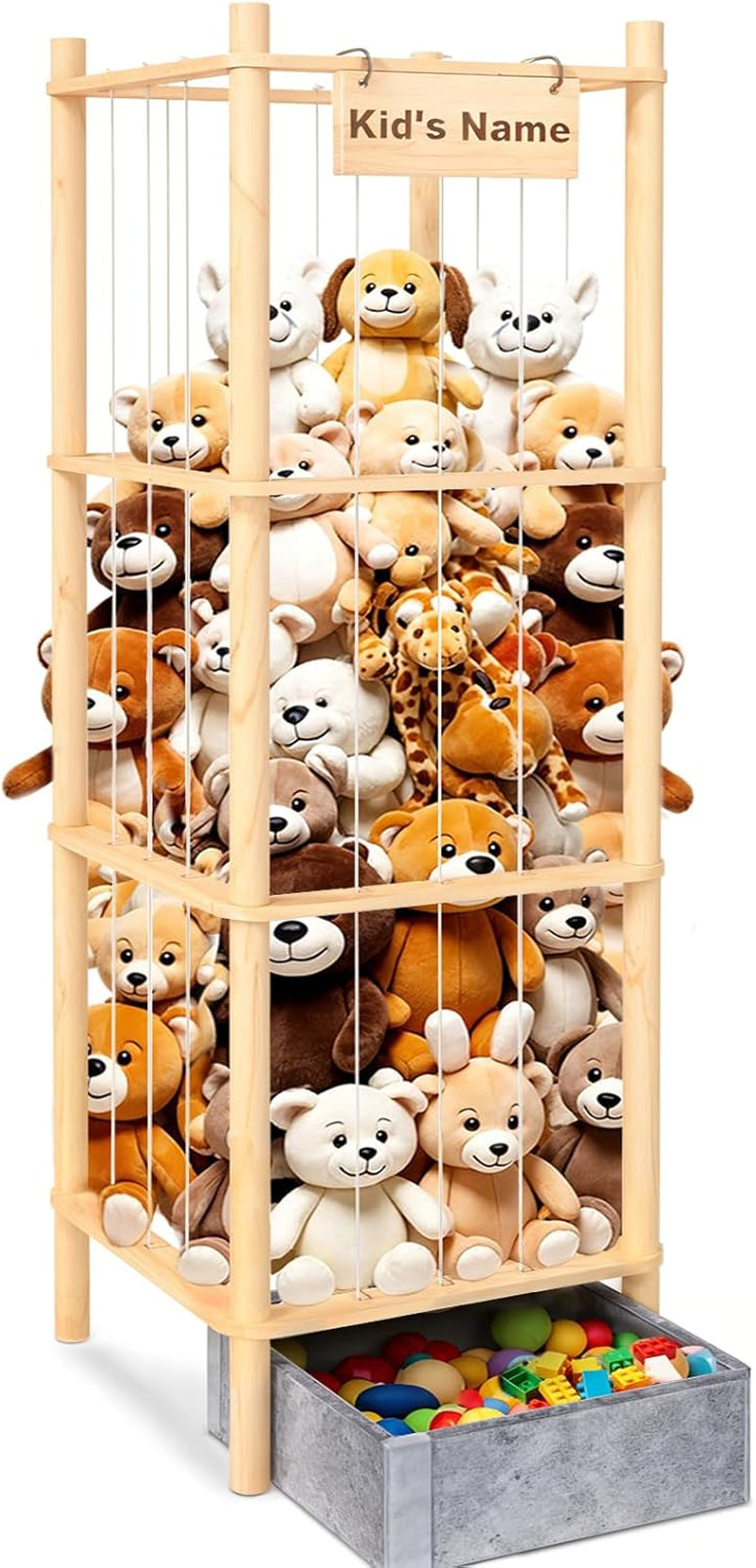 Stuffed Animal Storage with Tiny Toys Tray, 57In Large Wooden Stuffy Plushies Storage Holder Extra Large Capacity Stuffed Animals Zoo Organizer for Toddler Rooms, Playrooms & Bedrooms