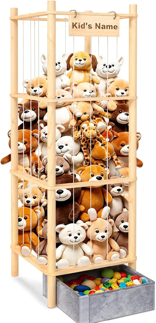 Stuffed Animal Storage with Tiny Toys Tray, 57In Large Wooden Stuffy Plushies Storage Holder Extra Large Capacity Stuffed Animals Zoo Organizer for Toddler Rooms, Playrooms & Bedrooms