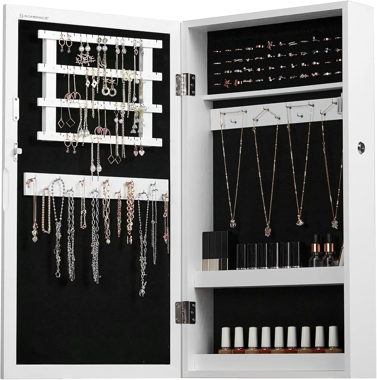 Lockable Jewelry Cabinet Armoire with Mirror, Wall-Mounted Space Saving Jewelry Storage Organizer, White UJJC51WT