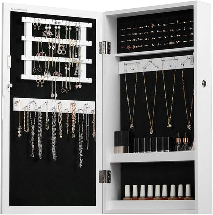 Lockable Jewelry Cabinet Armoire with Mirror, Wall-Mounted Space Saving Jewelry Storage Organizer, White UJJC51WT