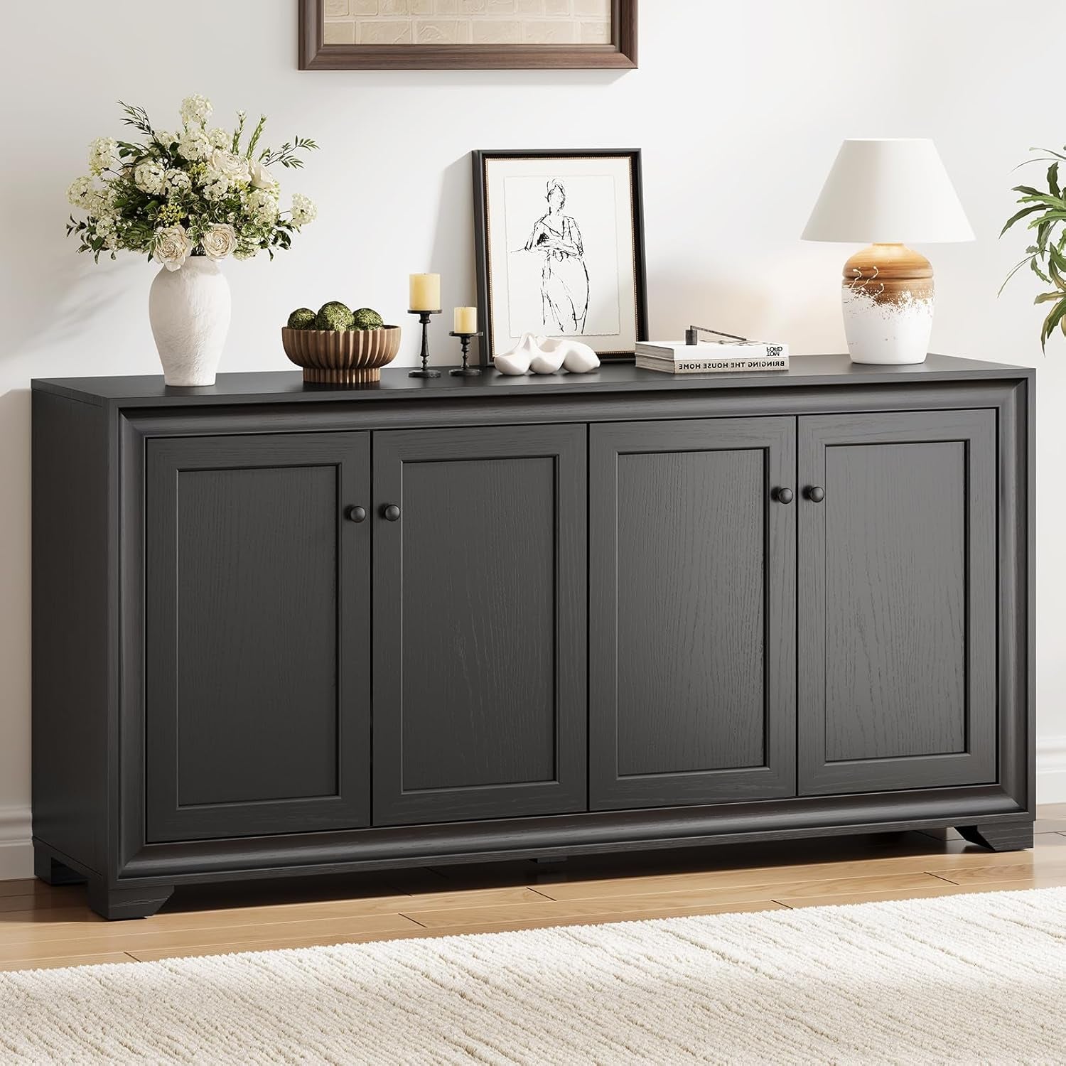 60" Buffet Cabinet with Storage, 4 Doors Sideboard Buffet Cabinet with Adjustable Shelves, Modern Coffee Bar Console Table for Living Room, Kitchen, Entryway, Black