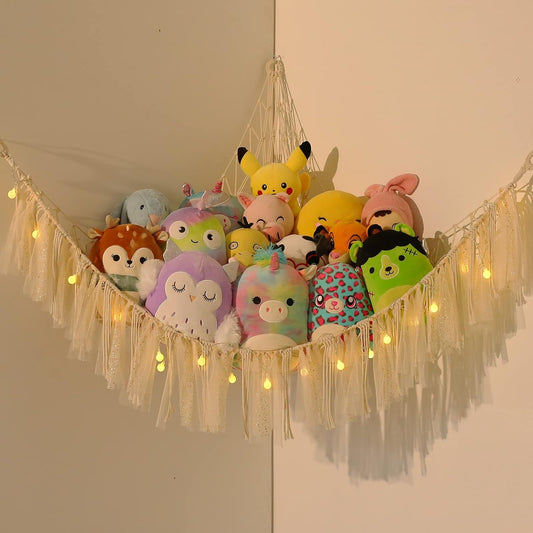 Stuffed Animal Storage Macrame Boho Plush Toy Net Hammock for Stuffed Animals with Light Pet Net for Stuffed Animals Corner Hanging Stuffed Animal Holder Teddy Bear Net for Kids Room (Shiny White)