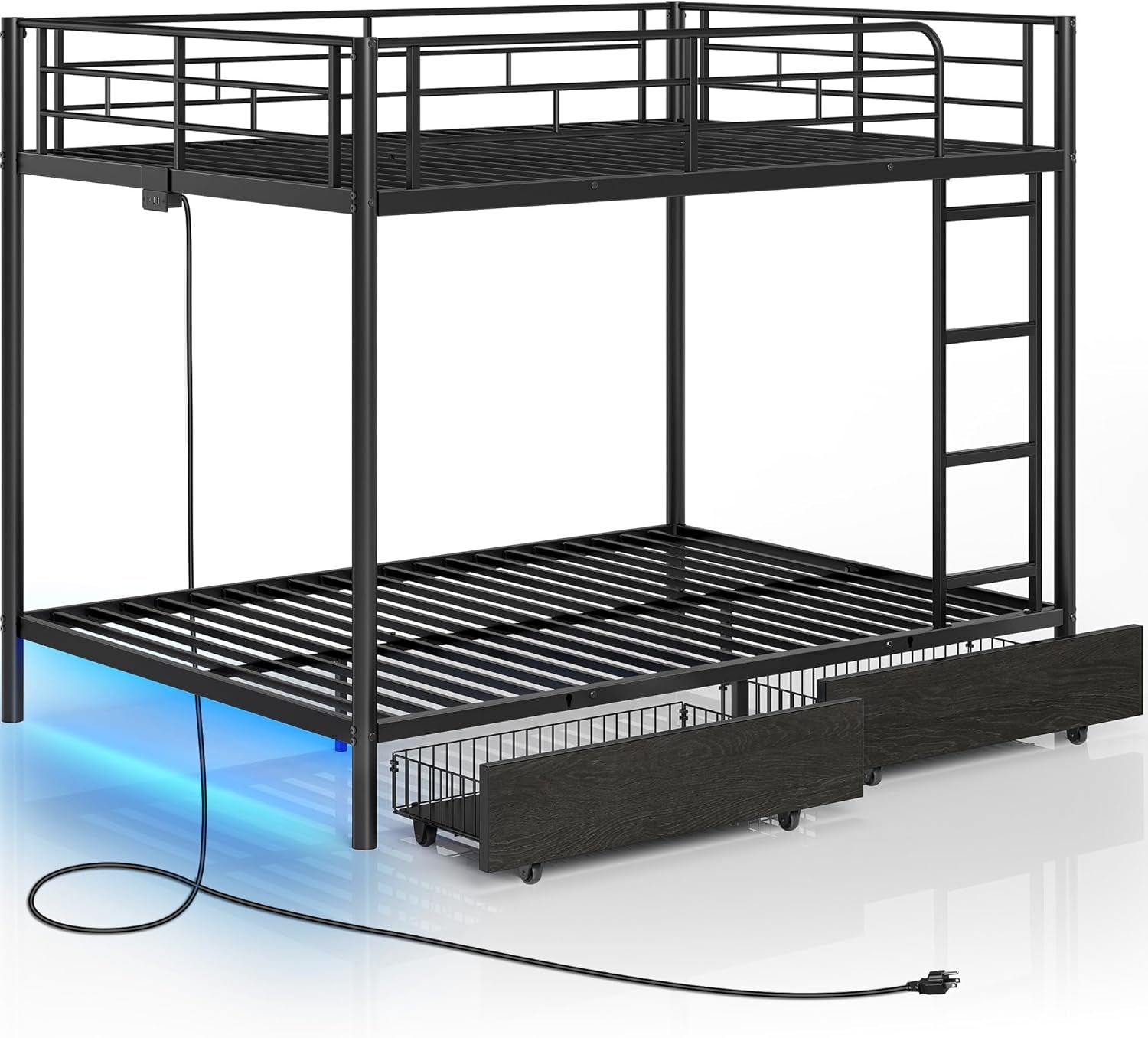 Metal Bunk Bed Full over Full with USB Charging Station, LED Bunk Bed with 2 Storage Drawers, Bed with Safety Guardrail & Ladders, No Box Spring Needed, Easy Assembly, Black
