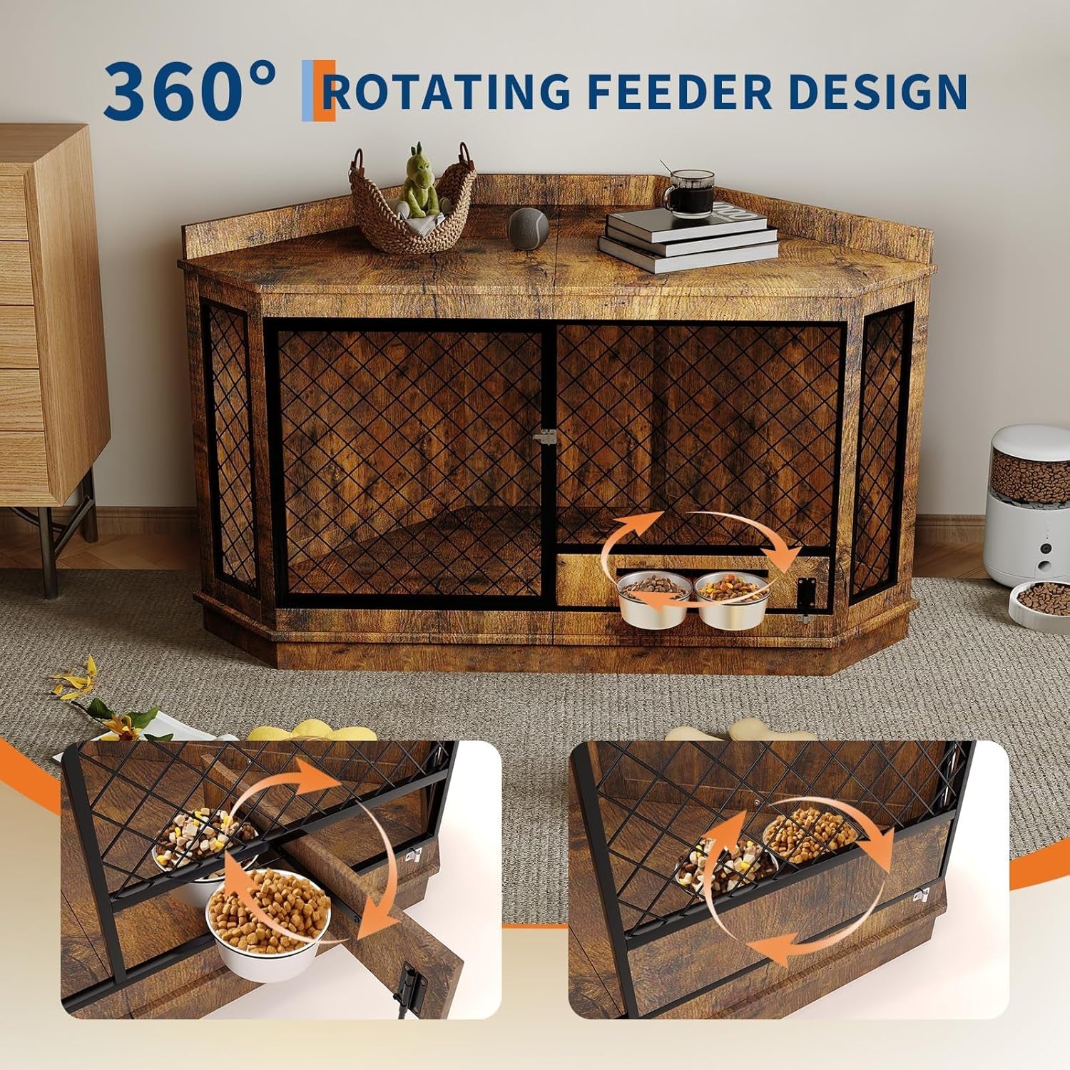51.3" Corner Dog Crate Furniture with 360° Rotating Feeder, Decorative Dog Crates Dog Cage TV Stand Wooden Dog Kennel End Table for Small Medium Big Dog