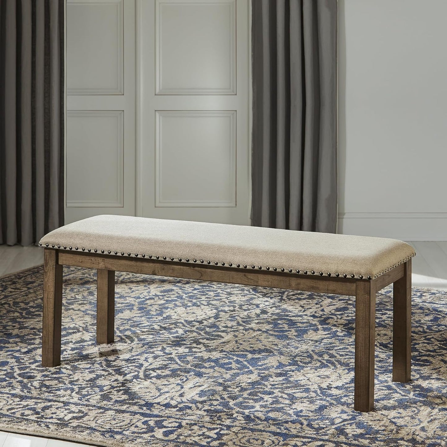 Moriville Casual Rustic Upholstered Dining Bench, Grey & Brown
