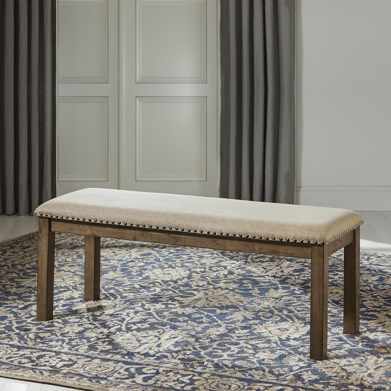 Moriville Casual Rustic Upholstered Dining Bench, Grey & Brown