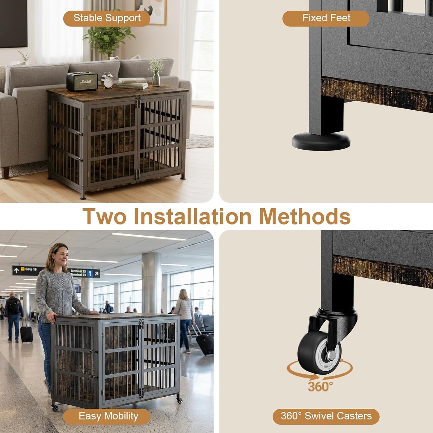 46" Dog Crate Furniture with Wheels, XXL Heavy Duty Dog Kennel Indoor for XL Dogs, Metal Chew-Proof Dog Cage, 45.9" L X 27.6" W X 32.4" H, Decorate House as TV Stand, End Table — Rustic Brown