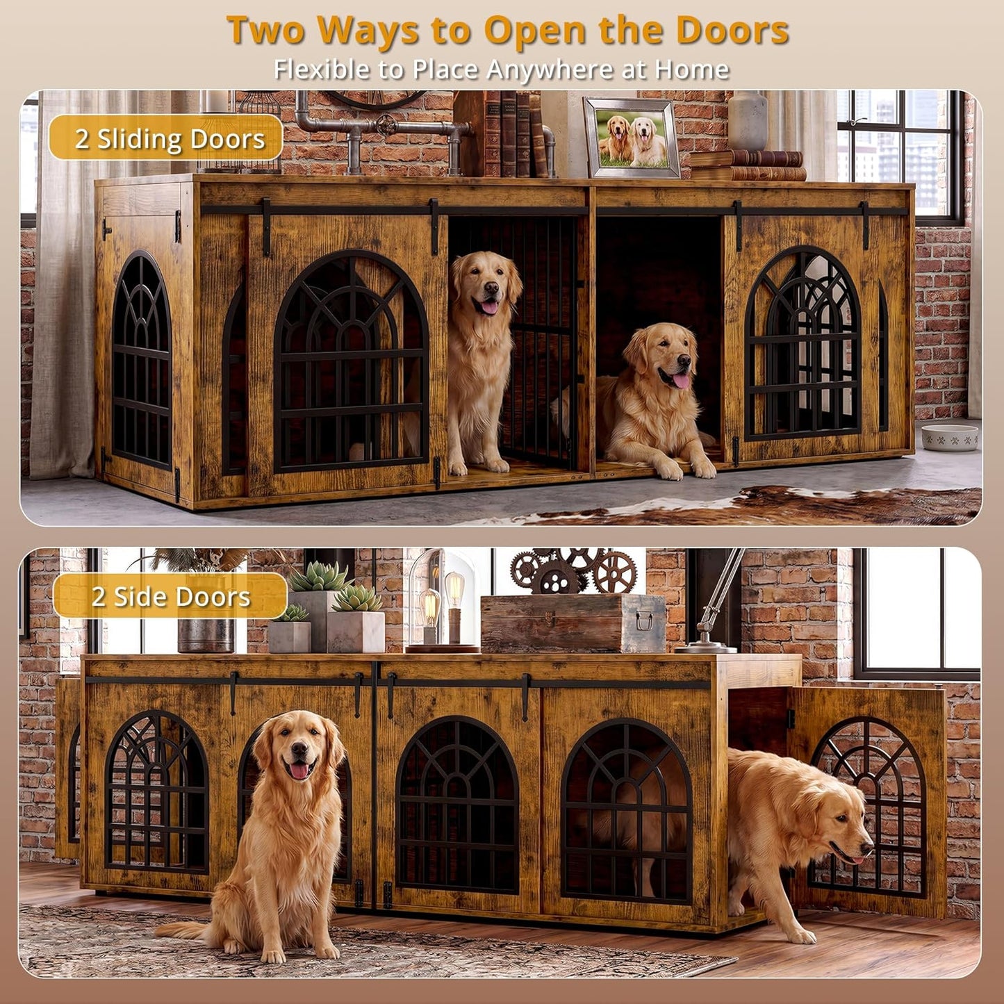 90.2" Double Room Dog Crate Furniture with Sliding Doors– Heavy Duty Wooden Dog Kennel with Hinged Divider, TV Stand & End Table for Large to Medium Dogs, Brown (Brown)