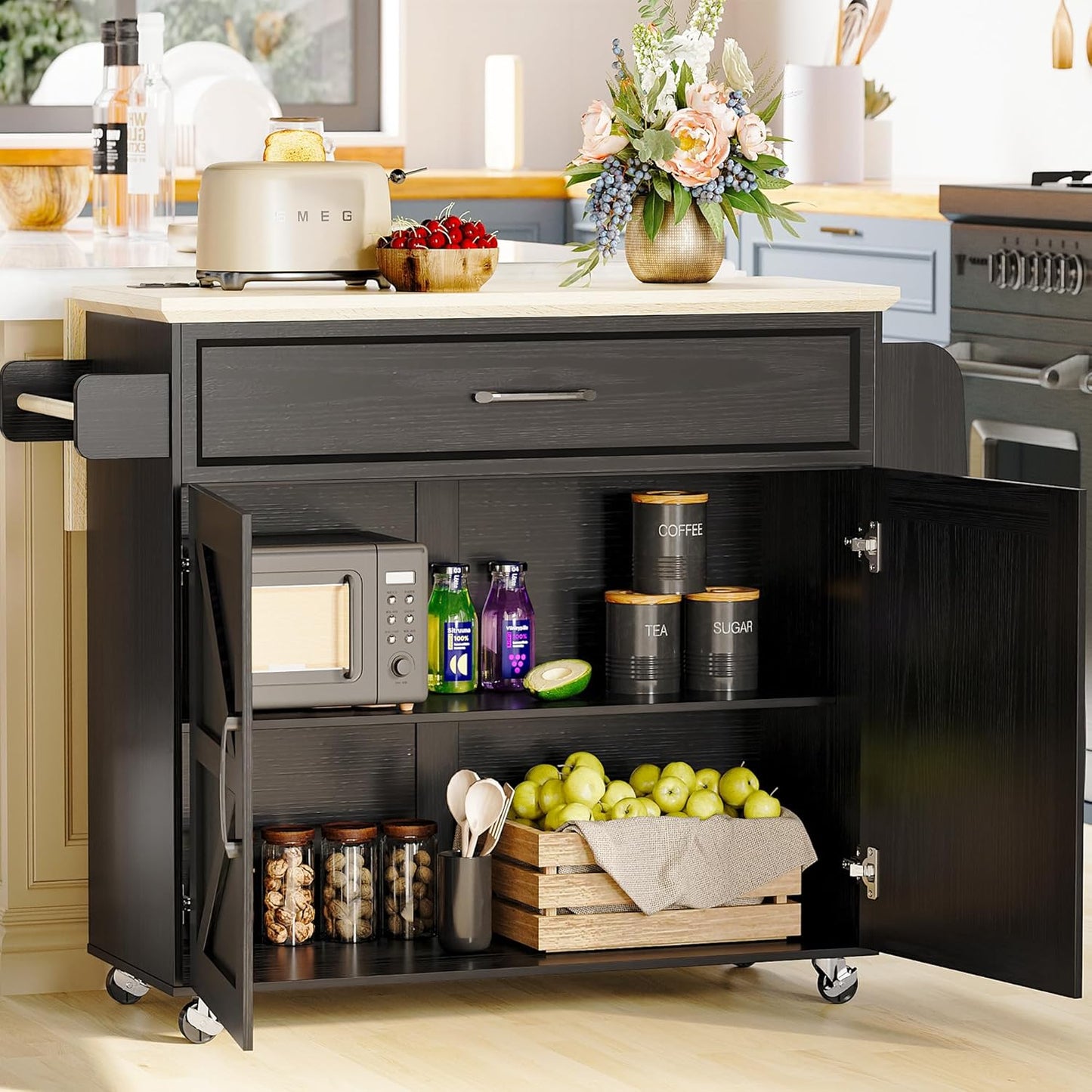 Kitchen Island Cart with Storage, Rolling Kitchen Table with Power Outlet, Storage Cabinets on Wheels with Drop Leaf, Portable for Dining Room, Black