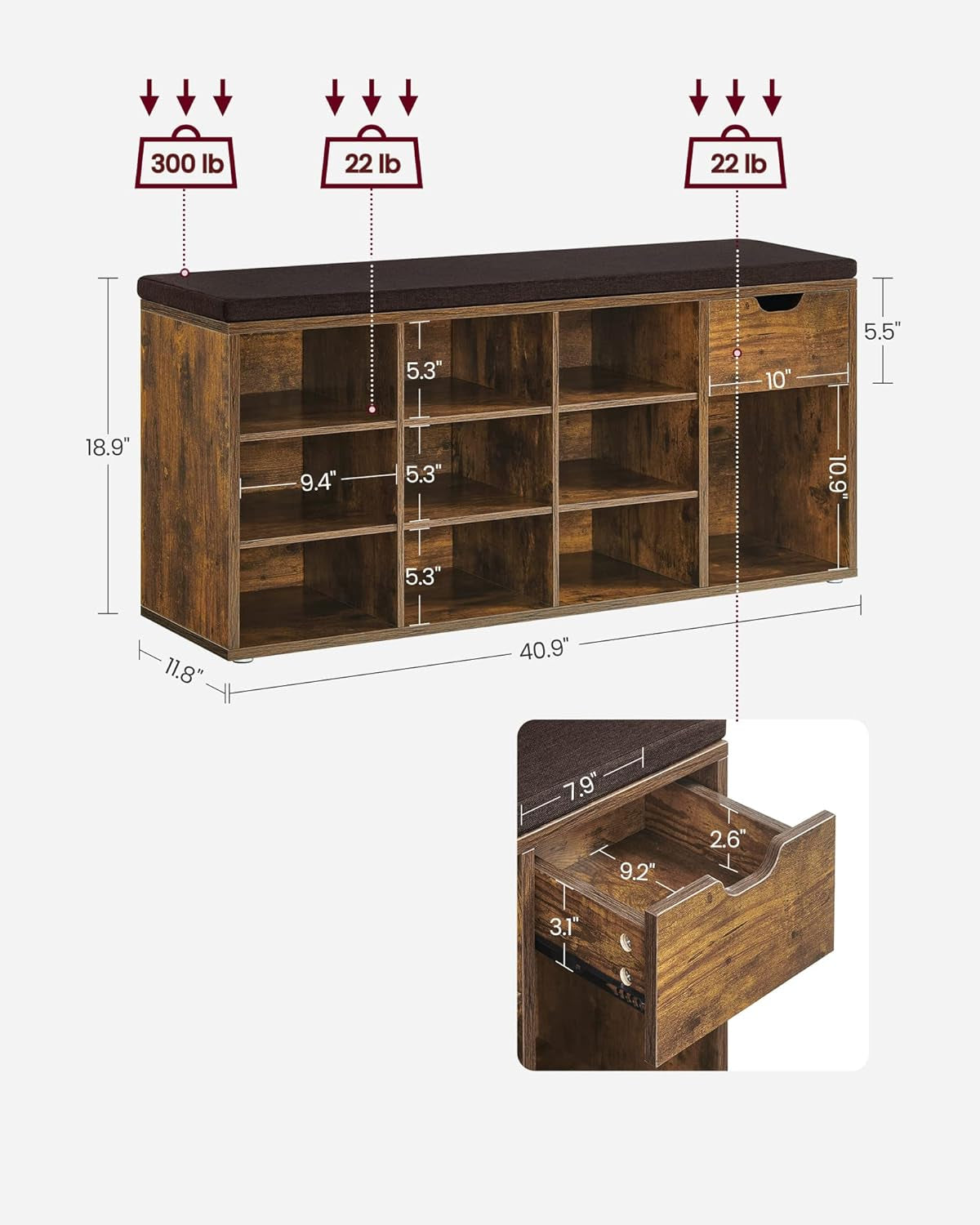 CUSTOS Collection - Shoe Bench, Storage Bench with Padded Seat, Entryway Bench with 15 Compartments, for Bedroom, 11.8 X 40.9 X 18.9 Inches, Rustic Brown and Brown ULHS024T01