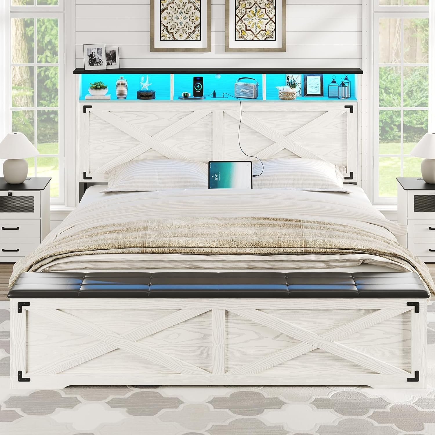 Farmhouse Queen Bed Frame with Storage Headboard, Charging Station and LED Lights Queen Size Platform Bed Frame with Storage Ottoman, Metal Slats Support, No Box Spring Needed, Antique White