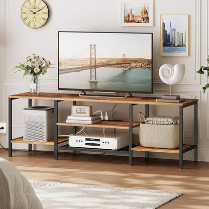 TV Stand with Power Outlets to 75 Inches, TV Console Table with Open Storage Shelves Cabinet, Industrial Media Entertainment Center for Living Room Bedroom, Rustic Brown and Black BF60DS01
