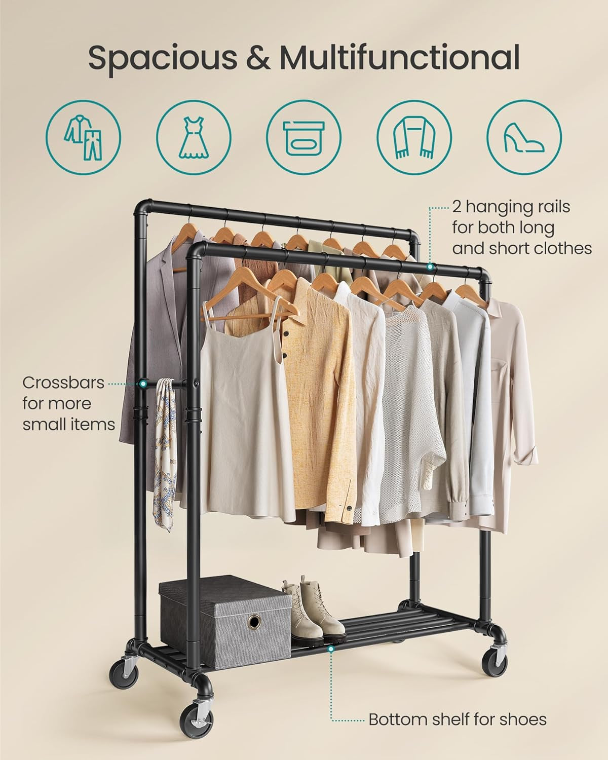 Cabideiro, Suporte Para Roupas, Arara Com 2 Trilhos De 100 Cm, Estrutura De Metal, Com Rodas E Prateleira De Armazenamento, 2 Rodízios Com Freio, Suporta Até 90 Kg, Preto BRHSR60BV1