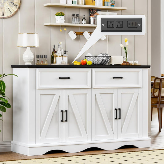 56" Modern Farmhouse Sideboard Buffet Cabinet with 4 Doors and 2 Drawers, Kitchen Storage Cabinet with Adjustable Shelves, Coffee Bar with Charging Station for Living Room, White