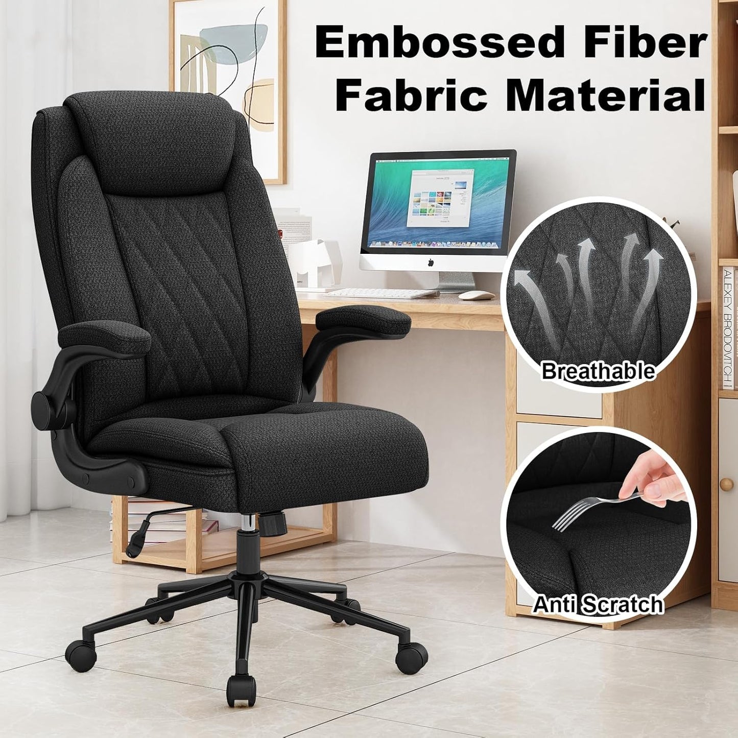 Office Chair, Heavy Duty High Back Breathable Fabric Big and Tall Executive Computer Desk Chair with 120° Tilt Rock, Flip up Arm, Hold up to 500Lbs for Big Man (Black)