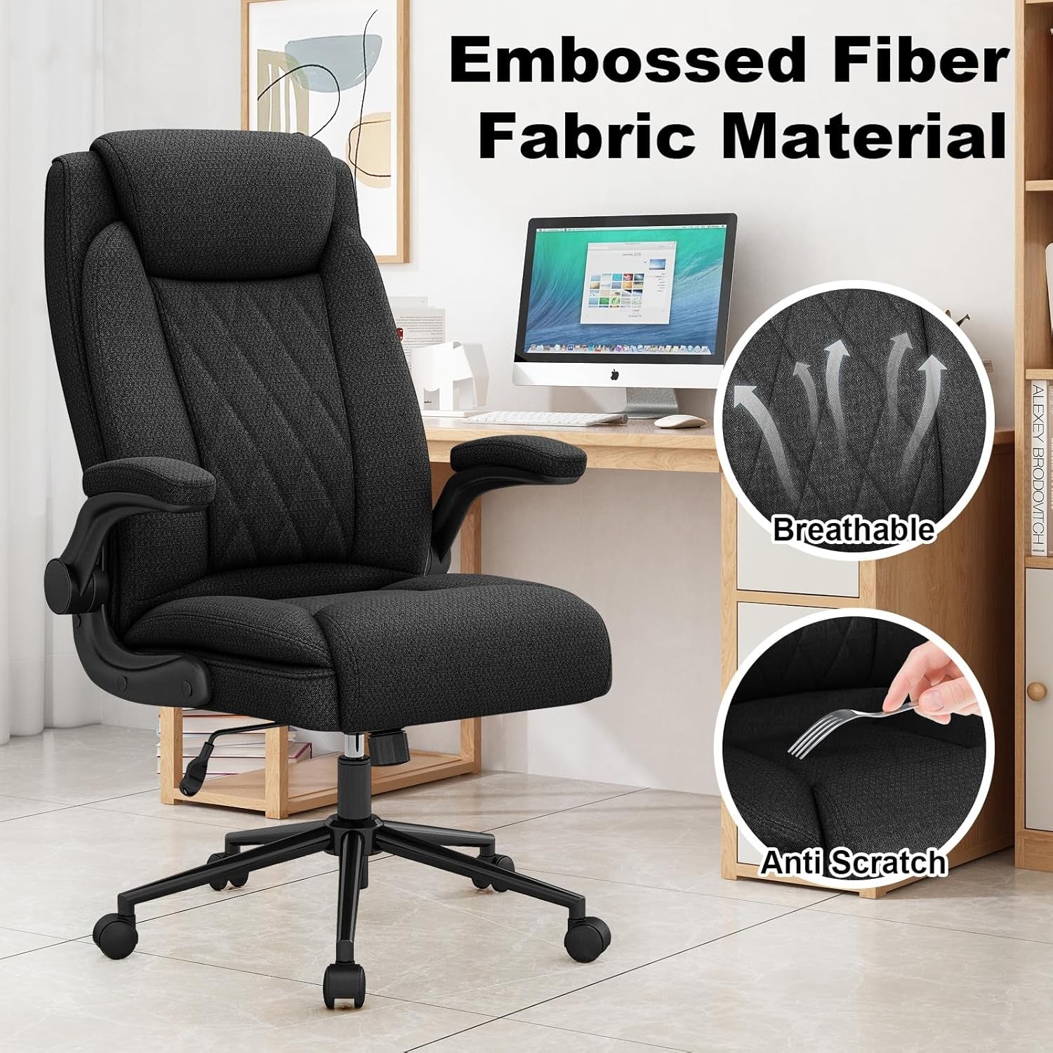 Office Chair, Heavy Duty High Back Breathable Fabric Big and Tall Executive Computer Desk Chair with 120° Tilt Rock, Flip up Arm, Hold up to 500Lbs for Big Man (Black)