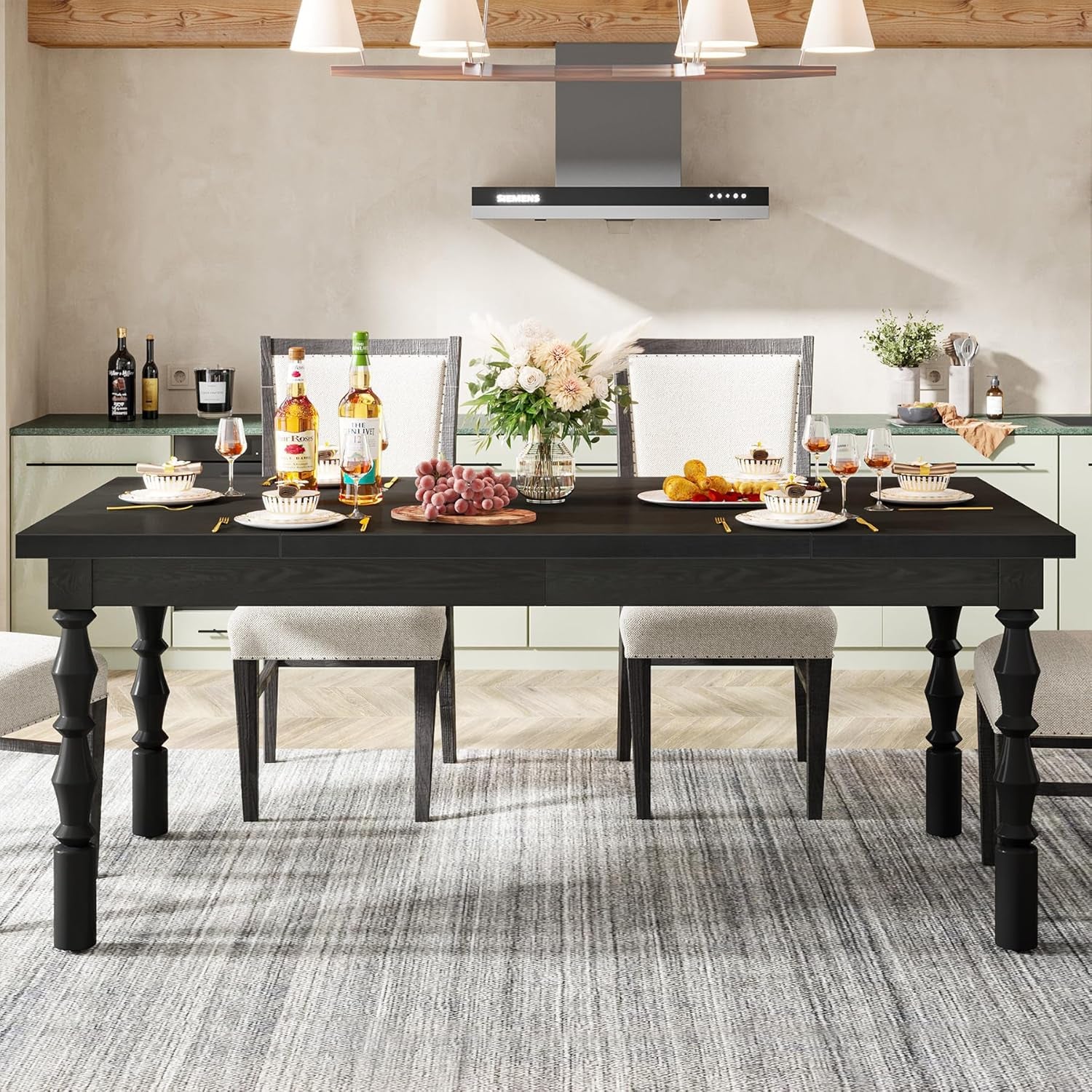 62” Wood Dining Table for 4-6 People, Farmhouse Large Rectangle Kitchen Table, Modern Dinner Table Kitchen & Dining Room Furniture with Carved Turned Legs