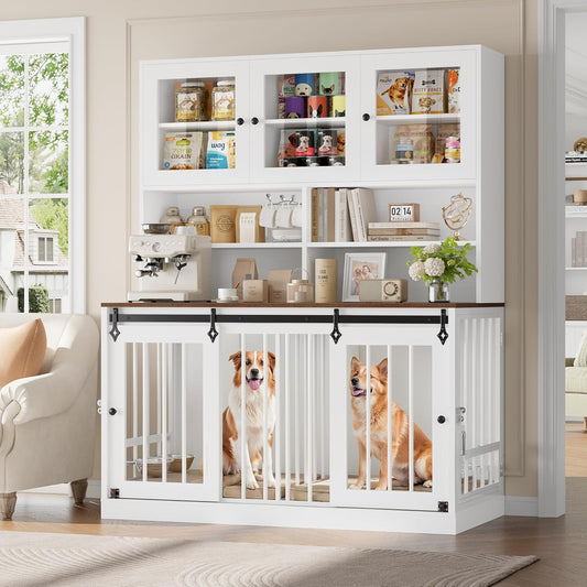 71"H X 55"L Large Dog Crate Furniture with Hutch Shelf and Glass Door, Indoor Dog Kennel with Divider and Feeding Bowls for Large Dogs 2 Pets, Heavy Duty Dog Cage Pet House with 4 Doors, Black