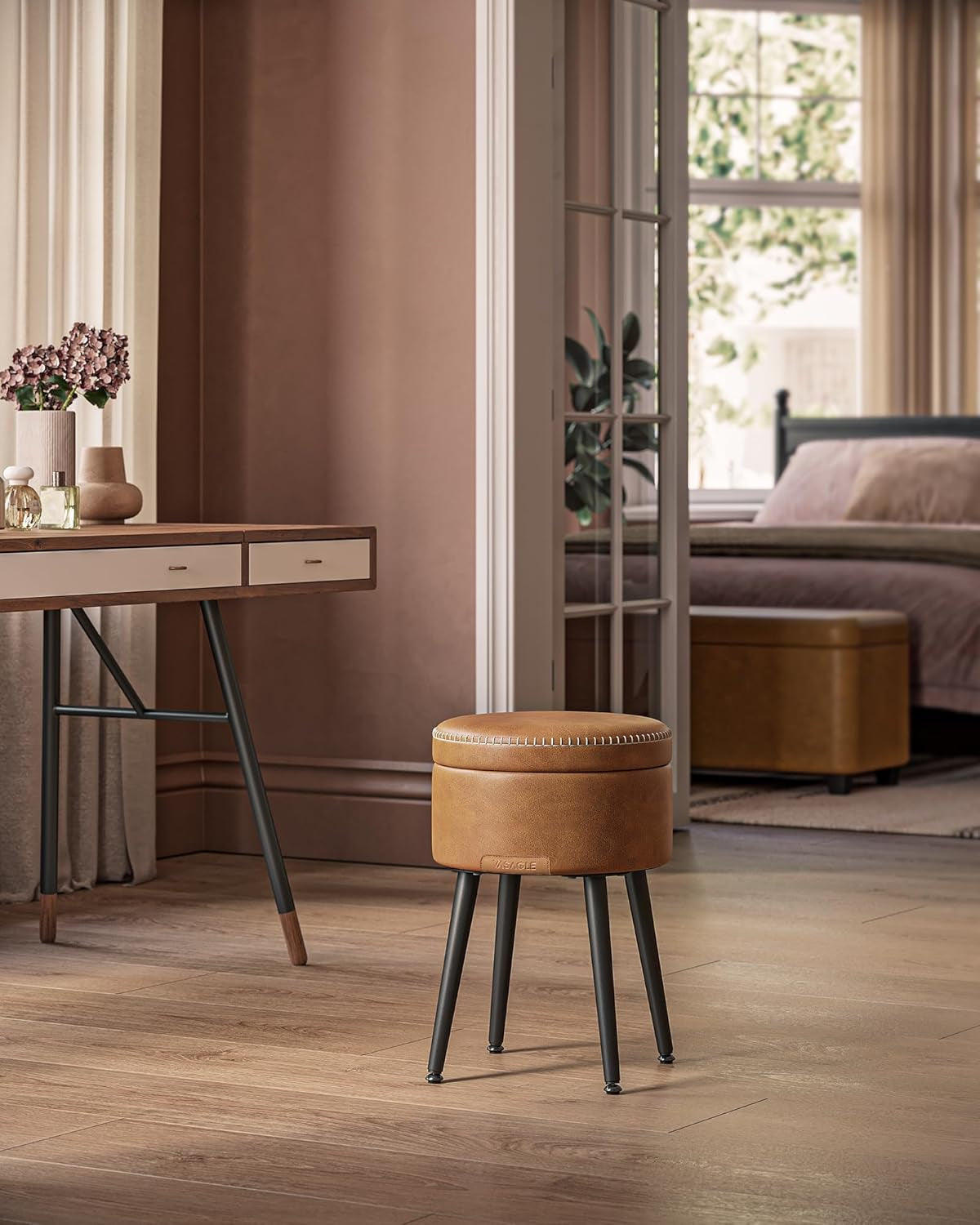 EKHO Collection - Storage Ottoman, Vanity Chair Stool, Synthetic Leather with Stitching, Mid-Century Modern, round Storage Seat with Steel Legs, Loads 330 Lb, Caramel Brown ULOM005K01