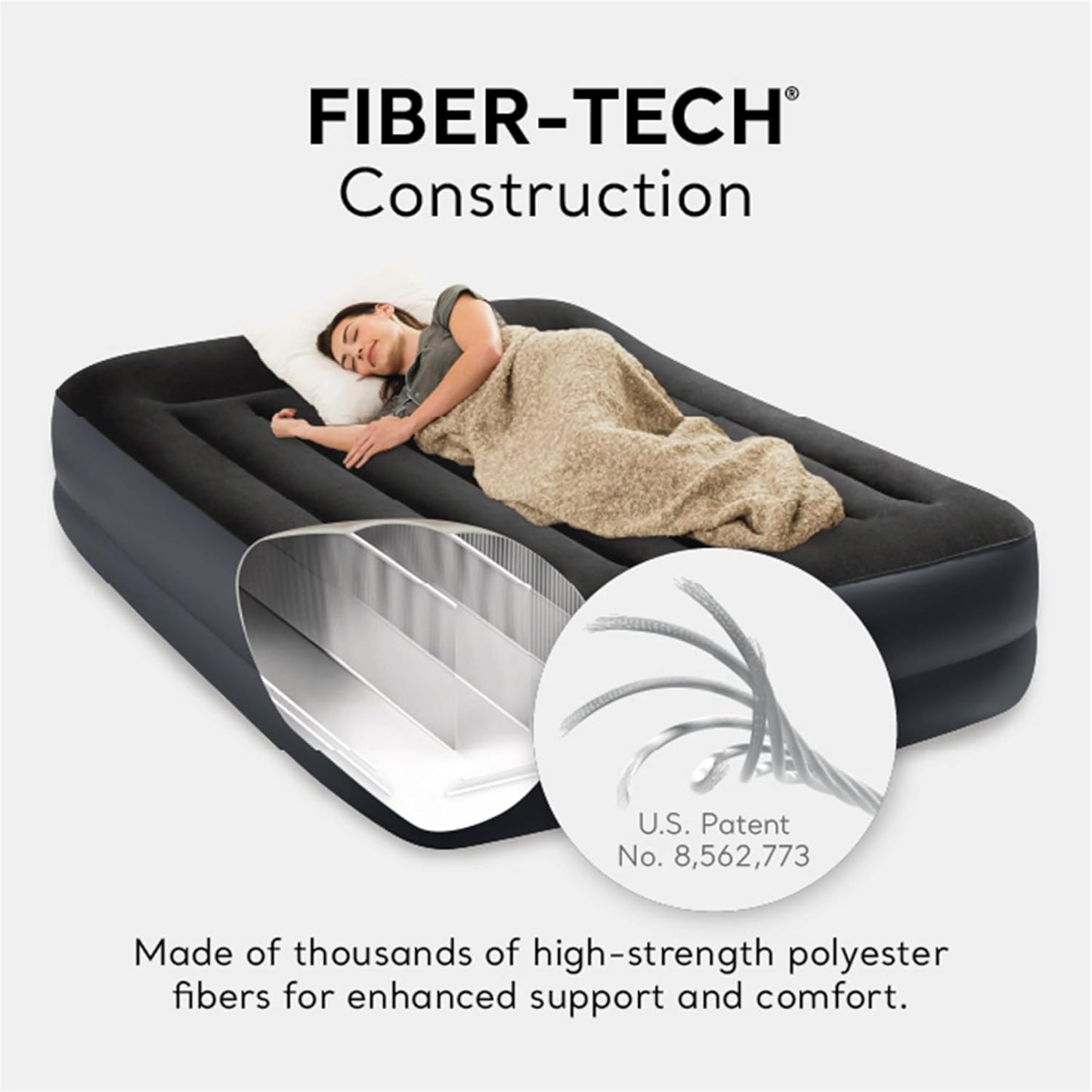 Air Mattress, 64123ED Dura-Beam plus Pillow Rest Fiber-Tech – Queen Size – Built-In Electric Pump – 16.5In Bed Height – 600Lb Weight Capacity