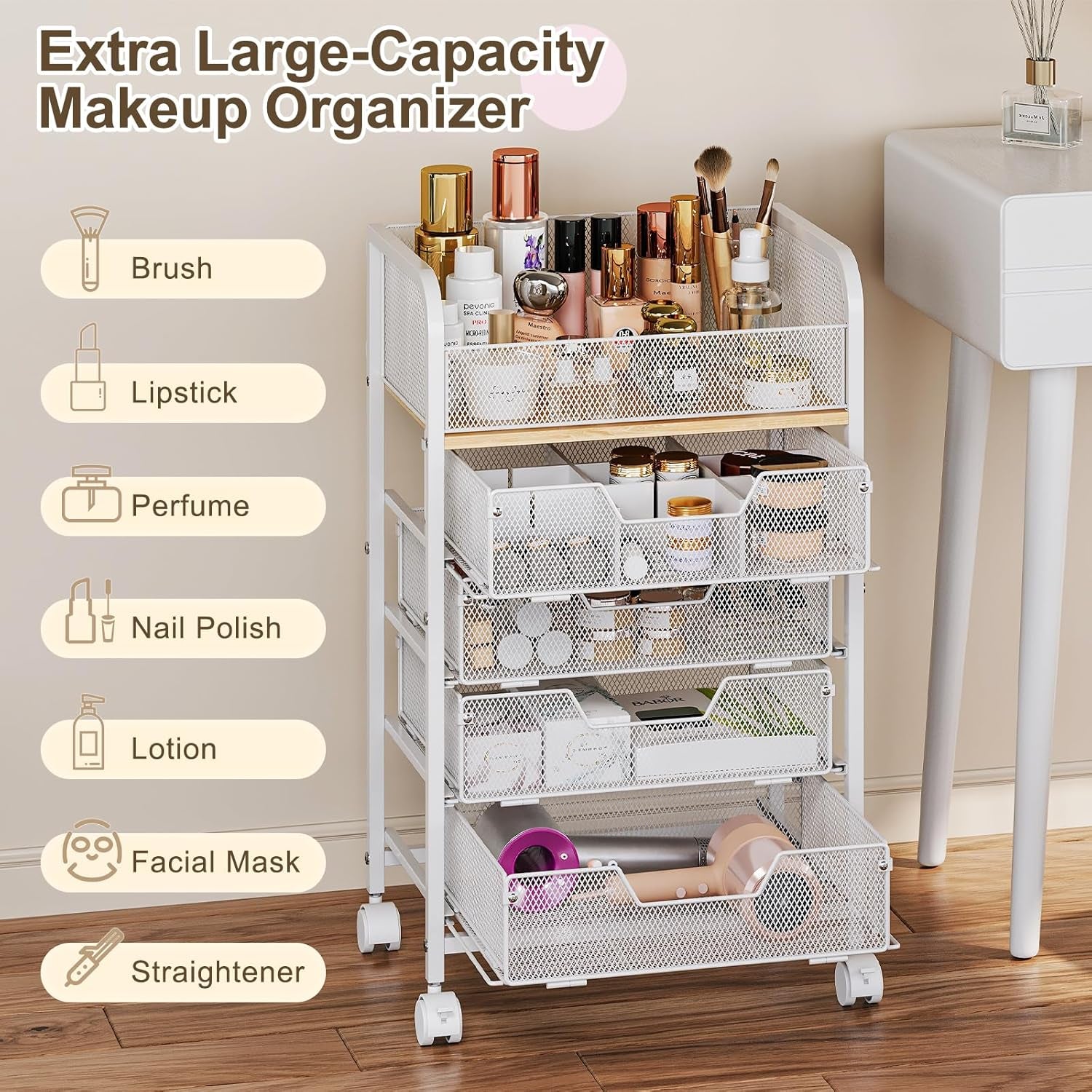 Makeup Cart Organizer with 4 Drawers, Large Floor Skincare Organizers, Vanity Storage Organizer Cosmetics Display Cases for Skin Care Perfume Nail Polish, White (Patent Pending)
