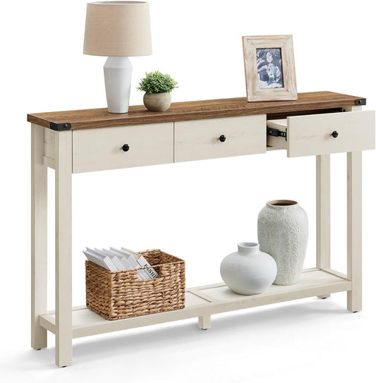 Console Sofa Table, Narrow Entryway Table with 3 Drawers, Open Storage Shelf, Metal Corners, for Living Room, Farmhouse Style, Honey Brown and Rustic White ULNT142W73