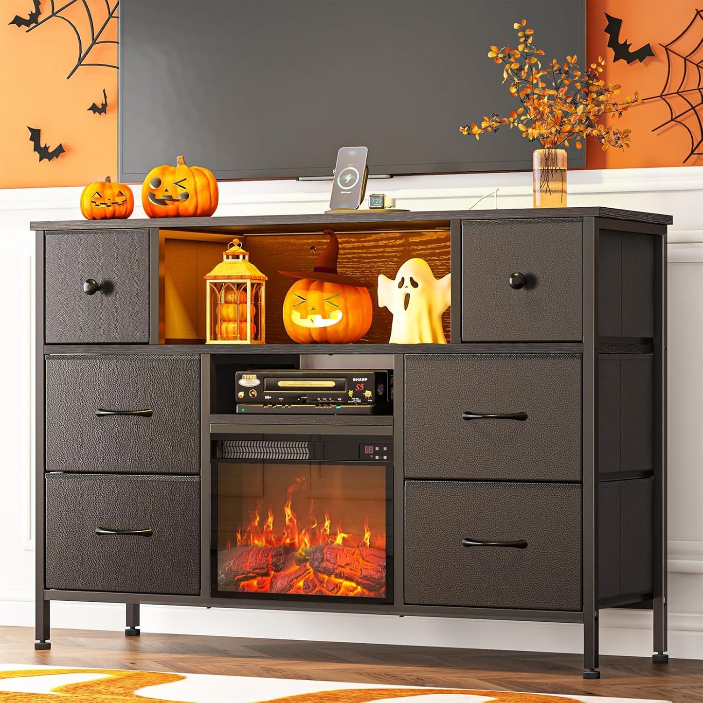 TV Stand with Fireplace, Entertainment Center with Power Outlets and LED Lights, TV Stand Dresser for 50 Inch TV, 6 Drawers with Open Shelves, for Living Room, Black