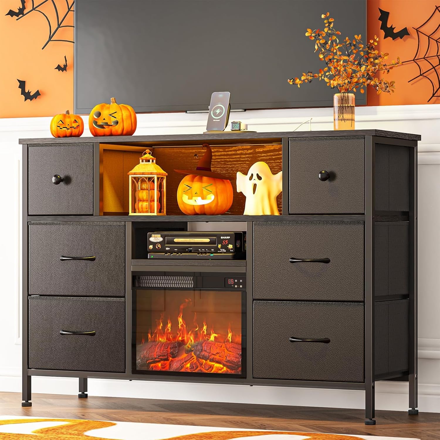 TV Stand with Fireplace, Entertainment Center with Power Outlets and LED Lights, TV Stand Dresser for 50 Inch TV, 6 Drawers with Open Shelves, for Living Room, Black