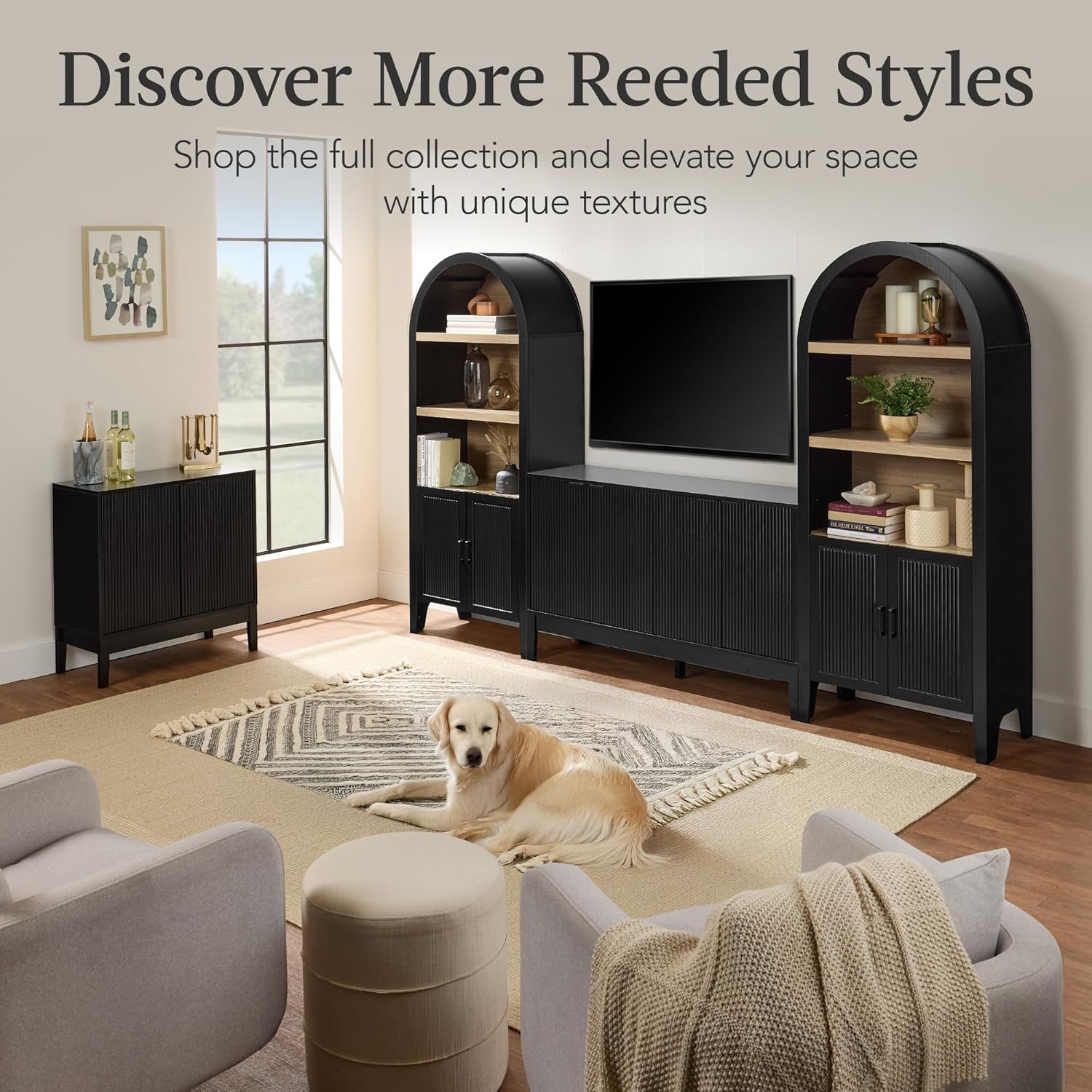 72" Tall Arched Pantry Cabinet W/Reeded Doors, 5-Tier Bookshelf, Armoire, Hutch, Bookcase, Storage Cabinet W/Adjustable Shelves, for Dining Room and Livingroom - Black Oak