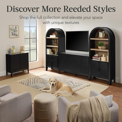 72" Tall Arched Pantry Cabinet W/Reeded Doors, 5-Tier Bookshelf, Armoire, Hutch, Bookcase, Storage Cabinet W/Adjustable Shelves, for Dining Room and Livingroom - Black Oak