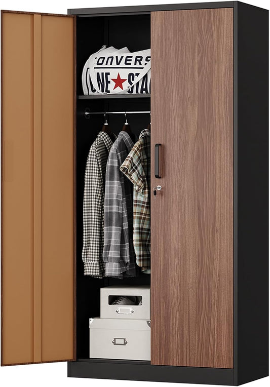 Metal Wardrobe Cabinet with Locking Doors, Metal Storage Armoire Closet for Clothing, 2 Door Woodgrain Locker Cabinet with Adjustable Shelves for Bedroom, Locker Room, Home Office and Garage…