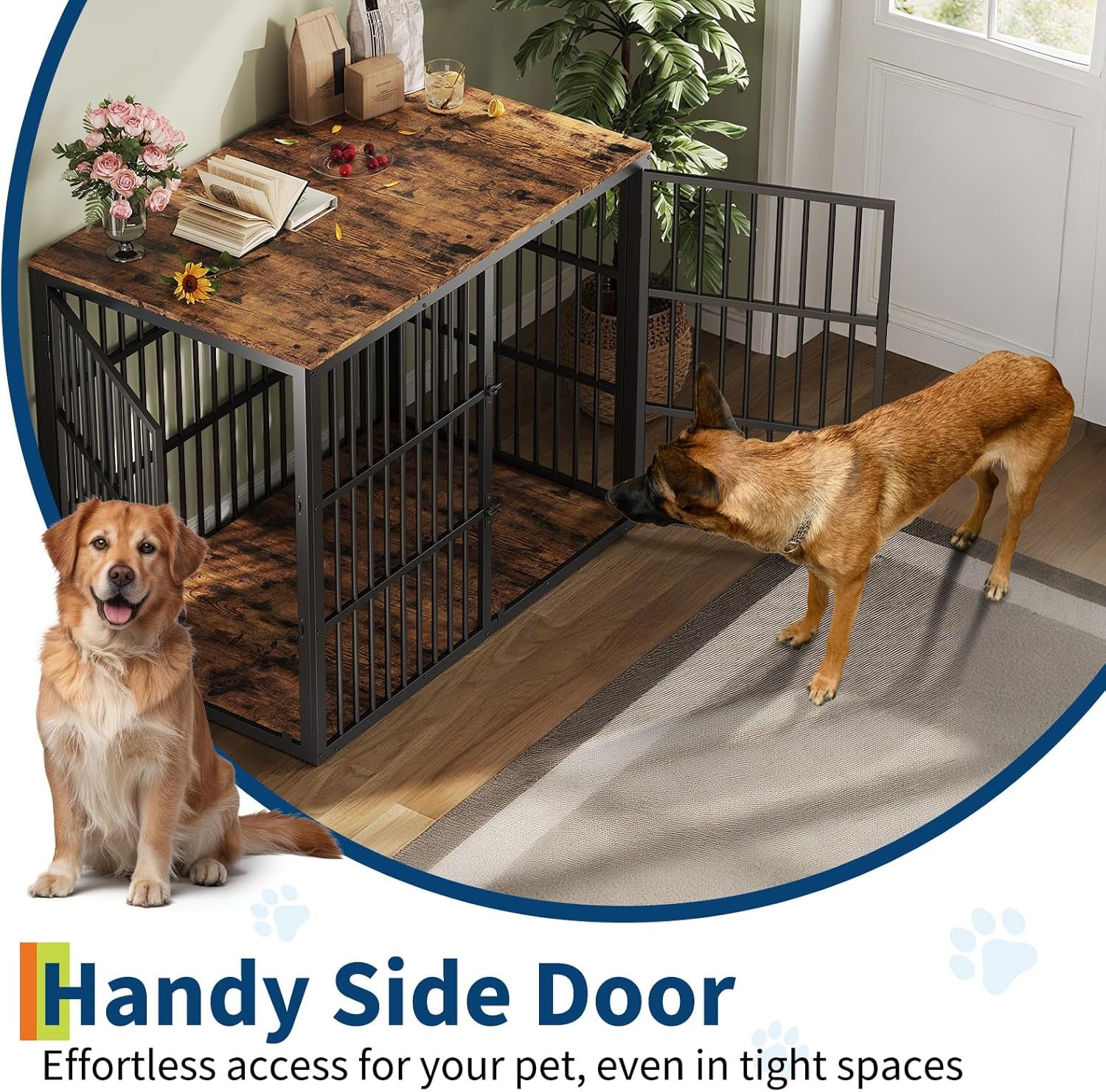 48'' Dog Crate Furniture with 3 Lockable Doors, 3-In-1 Dog Kennel with Heavy Duty Metal Frame & Wooden Panels, XXL Crate End Table for Medium to Large Breeds, Brown & Black