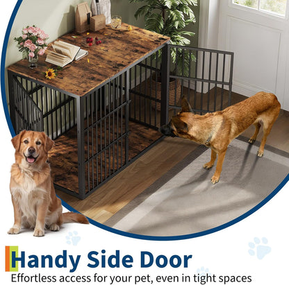 48'' Dog Crate Furniture with 3 Lockable Doors, 3-In-1 Dog Kennel with Heavy Duty Metal Frame & Wooden Panels, XXL Crate End Table for Medium to Large Breeds, Brown & Black