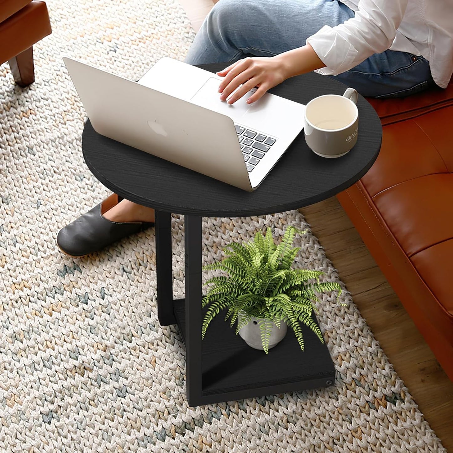 Small Side Table End Table, C-Shaped Wood Coffee Table TV Tray for Eating Couch Tables for Small Space, Living Room, (Black)
