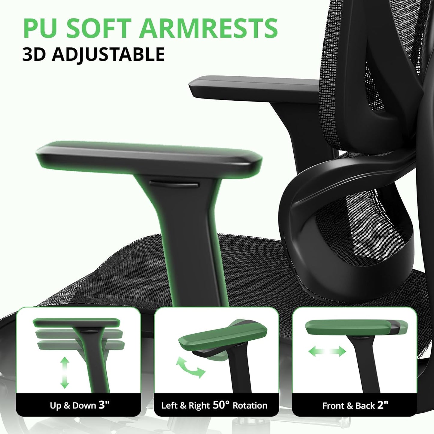 Ergonomic Office Chair with Footrest, Mesh Desk Chair with 135° Recline, Adjustable Lumbar Support, 3D Armrests and Headrest, Swivel Computer Chair for Home Office
