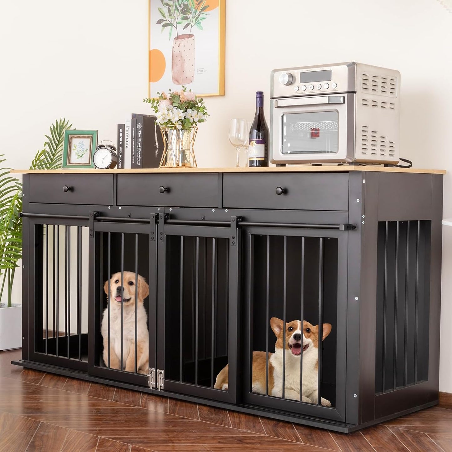 Dog Crate Furniture with Divider,Wooden Dog Kennel End Table,Large Breed Dog House Indoor for One Large Dog or Two Small Dogs,Double Doors,White,47''W*24''D*35''H