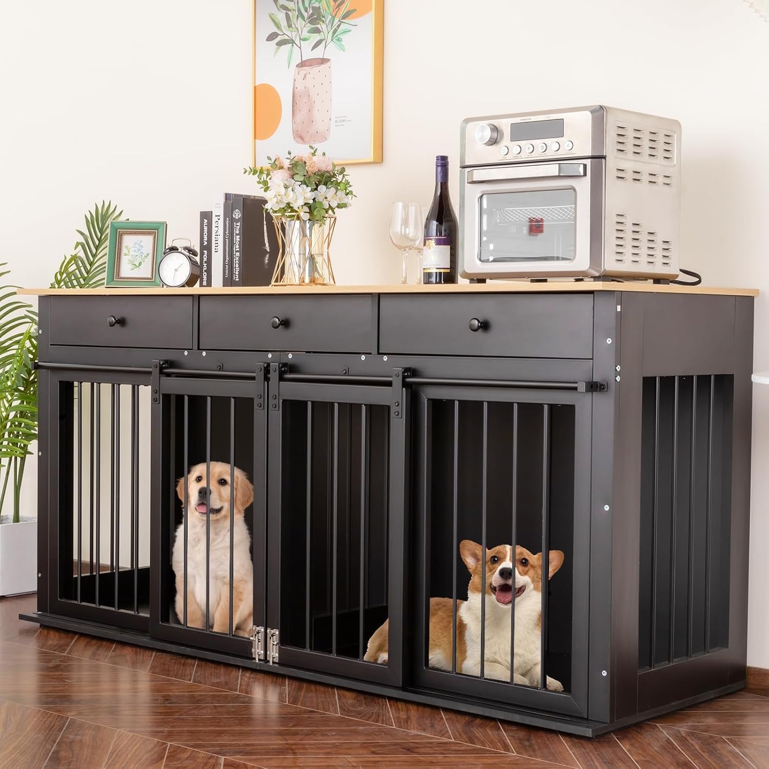 Dog Crate Furniture with Divider,Wooden Dog Kennel End Table,Large Breed Dog House Indoor for One Large Dog or Two Small Dogs,Double Doors,White,47''W*24''D*35''H