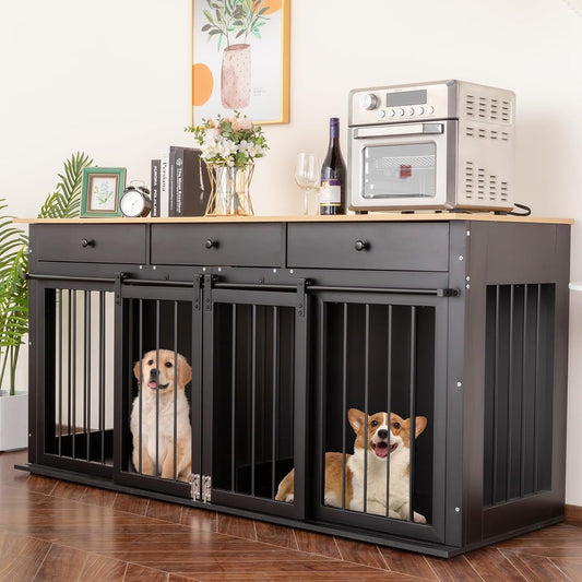 Dog Crate Furniture Large Breed Wooden Dog Kennel with Room Divider & 3 Drawer,Double Doors Heavy Duty Dog Crate End Table Indoor TV Stand for Small Medium Large Dog Black,72''W*24''D*35''H